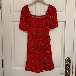 ASOS ruched wrap dress in red/pink floral